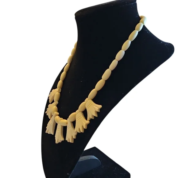 Vintage (80s) Egyptian Carved Bone Lotus Flower Necklace - Picture 2 of 5